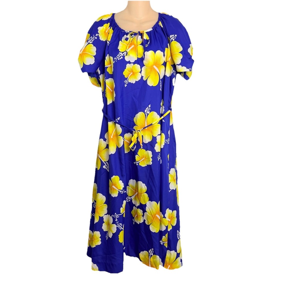 Hilo Hatties Hawaiian Dress Blue Yellow Hibiscus Floral Midi Tie Waist M